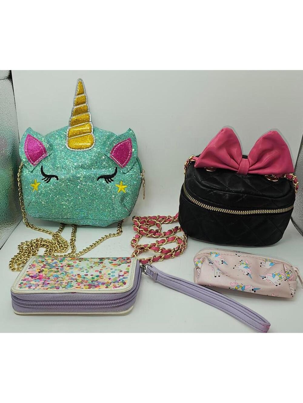 Set of Four Small Women's Crossbody, Wallet, Clutch Bags with Fun Designs